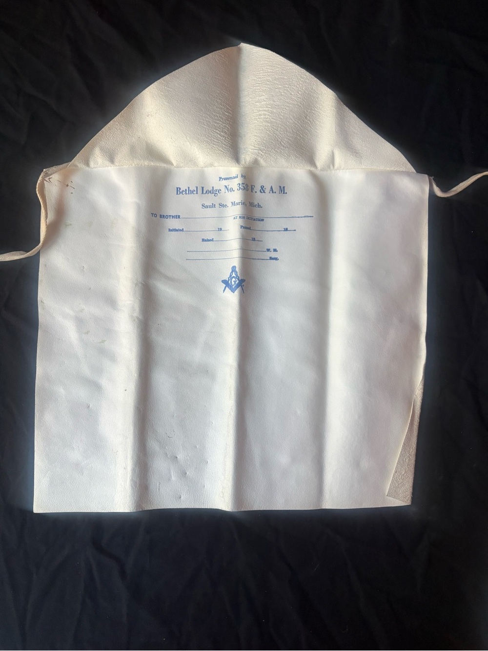 Masonic Leather Apron, Bethel Lodge, No. 358, Sault Ste. Marie, MI